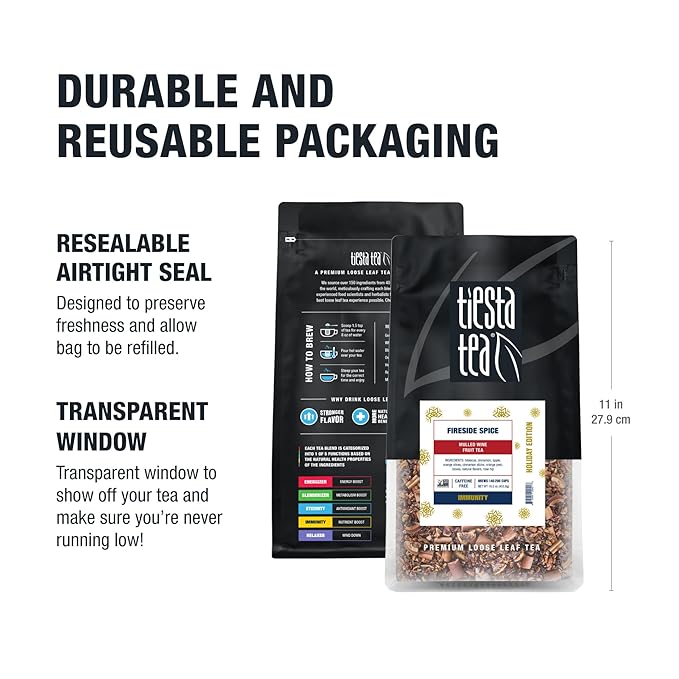 Tiesta Tea - Fireside Spice, Mulled Wine Herbal tea, Premium Loose Leaf Tea Blend, Non Caffeinated Holiday Teas, Make Hot or Iced & Brews Up to 200 Cups - 16 Ounce Resealable Bulk Pouch