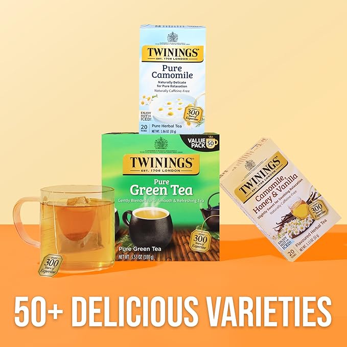 Twinings Pure Camomile Herbal Tea Individually Wrapped Bags, Calming & Delicate, 20 Count (Pack of 6), Naturally Caffeine-Free, Enjoy Hot or Iced, 120 Teabags