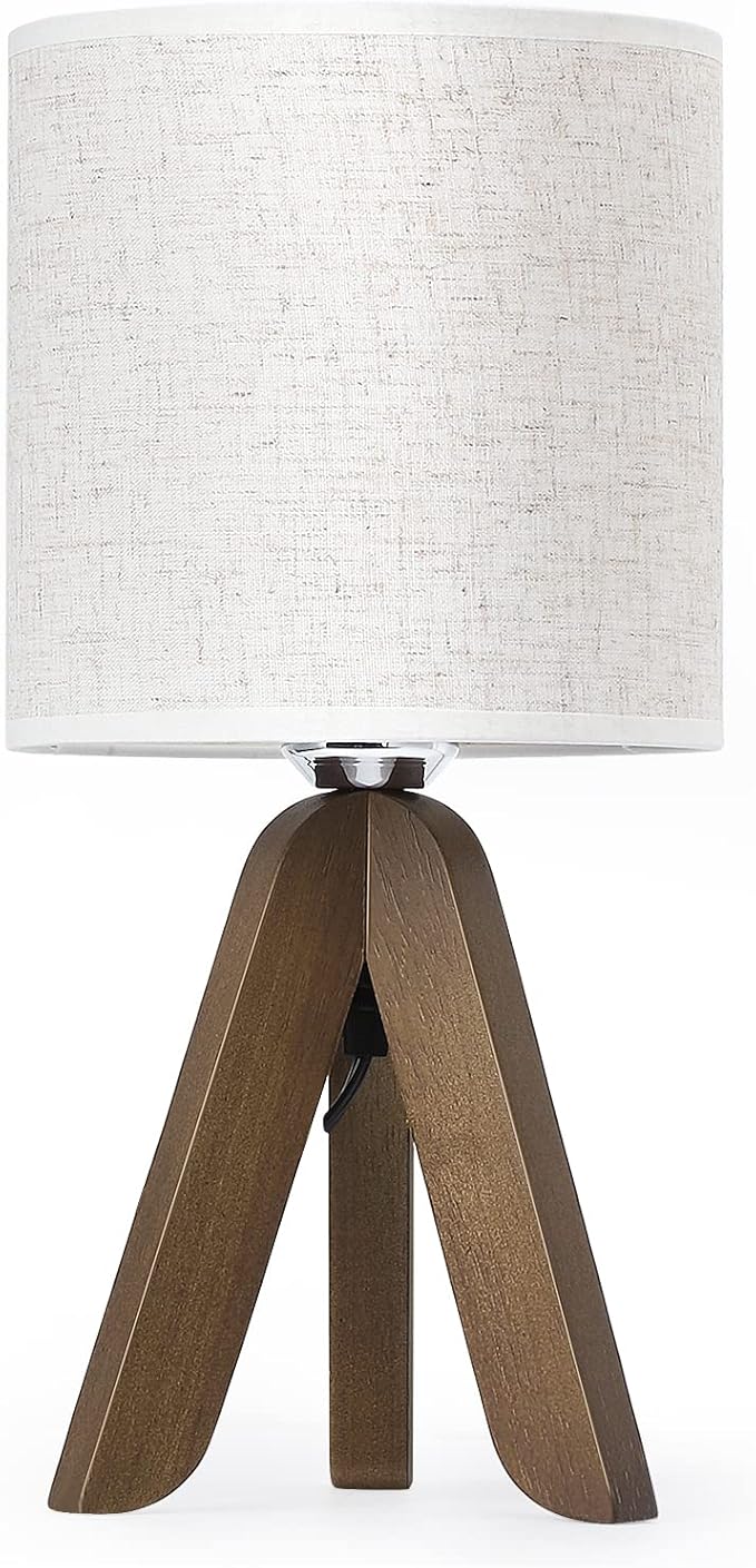 HAITRAL Wooden Tripod Table Lamp with Brown Base, Small Table Lamp Bedsides Lamp with Linen Fabric Shade, Nightstand Lamp Cute Night Lamp for Bedroom,Kids Room,Nursery,Dorm