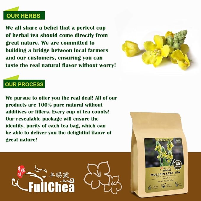 FullChea - Mullein Leaf Tea Bags, 60 Teabags, 2g/bag - Premium Dried Mullein Herbs For Detox & Respiratory Support - Non-GMO - Caffeine-free - Natural Healthy Herbal Tea
