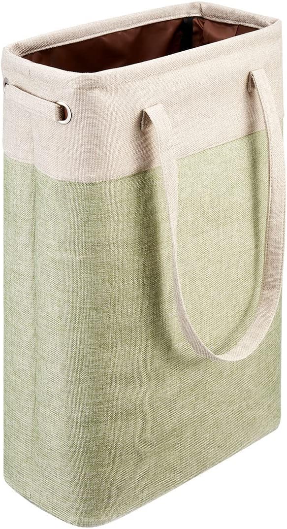 i BKGOO Laundry Basket with Handles Beige&Green Slim Laundry Bin Collapsible Dirty Clothes Basket Narrow Laundry Bag Foldable Dirty Hamper for Camping, Dorms, Apartments