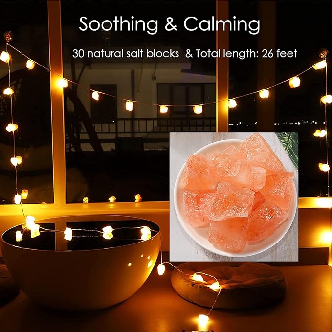 Himalayan Salt String Lights with Switch, 20 Natural Salt Block LED Light with USB Interface Suitable for Decorating Home, Bedrooms, Fireplaces（Total Length: 11.5 Feet）