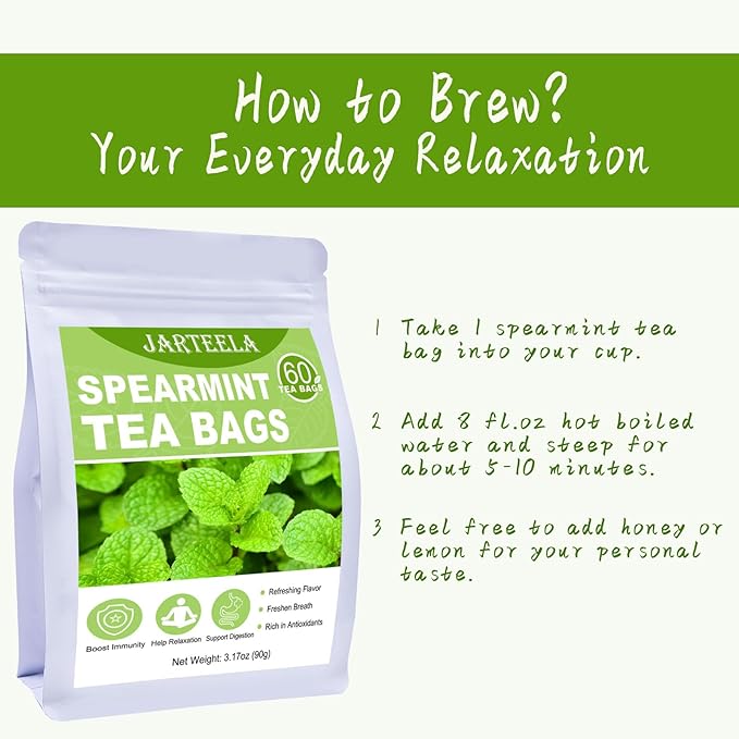 Jarteela - Spearmint Tea Bag, 1.5g x 60 Count - Pure Spearmint Leaves - Natural Herbal Tea Bags for Digestion - Non-GMO - Caffeine-free Tea