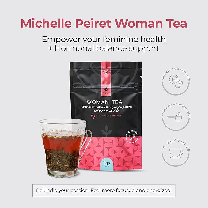 Michelle Peiret Herbal Tea for Women | Organic Green Tea with Tulsi, Shatavari, Fenugreek, Rosehips, Fennel, Chamomile & Raspberry Leaf | Hormonal Wellness, Energy, Mood & Vitality | Strawberry Flavor | 15 Natural Tea Bags