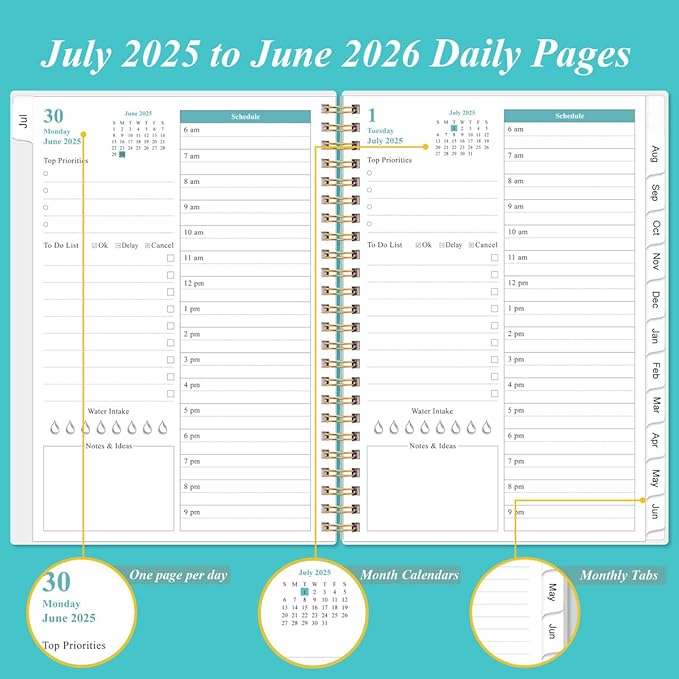 2025-2026 Daily & Monthly Planner - One Page Per Day, Daily Planner from July 2025 to June 2026, Planner 2025-2026 with 12 Monthly Tabs, 6.4" x 8.5", Rose Flower