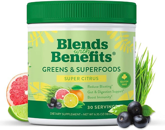 360 Nutrition Blends with Benefits Super Greens Powder w/Probiotics, Digestive Enzymes, Sugar & Gluten Free, Plant Based Superfood Drink Mix for Gut Health, Bloating, Immunity, Overall Health, 6.35 oz