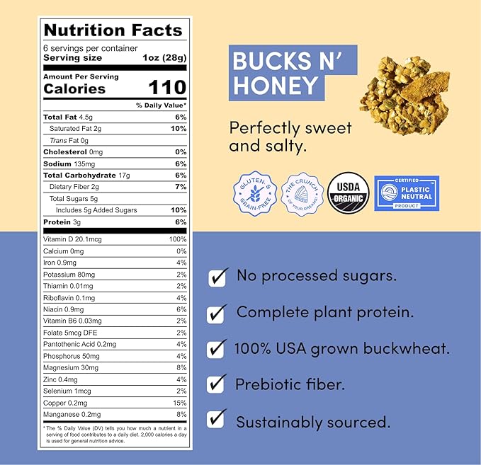 Clusterbucks Superfood Clusters – Grain-Free, Keto-Friendly Granola with Regeneratively Grown Sprouted Buckwheat– Gluten-Free, Low-Carb, Organic Healthy Snack (3-Pack, Bucks 'n Honey)