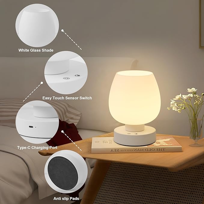 Cordless Touch Bedside Table Lamp set of 2 - Rechargeable Modern Small Table Lamp with White Glass Lamp Shade, Stepless Dimmable & 8 RGB Colors & Memory, Desk Lamp for Nursery Bedroom Nightstand