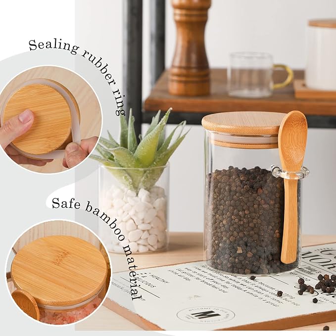 WHJY Glass Glass Jar with Lid and Spoon, Airtight Glass Jars bamboo lids, overnight oats jars, Dog Treat Jar for Pet, Glass Candy Cookies Coffee Canister Jar Bath Salt Container - 20 oz (1)