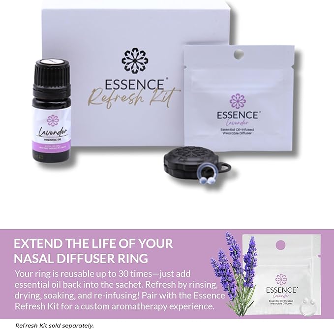 Essence Wearable Aromatherapy Nasal Diffuser – Lavender Essential Oil Nose Ring Silicone Inhaler for Stress & Mood Support - Made in USA & Travel-Friendly (3 Pack)