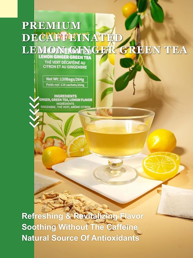HYNTMYT Decaffeinated Lemon Ginger Green Tea Bags, CO₂ Decaf Green Tea with Lemon and Ginger, Refreshing and Revitalizing, 120 Count