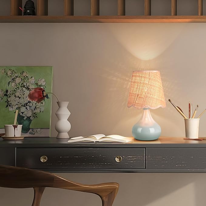 Light Blue Boho Small Table Lamp for Small Spaces, Small Rattan Shade Bedside Lamp for Bedroom, Cute Nightstand Light for Bedside, Kitchen Counter, Bookshelf Lamp, Home Office, Living Room, Dorm