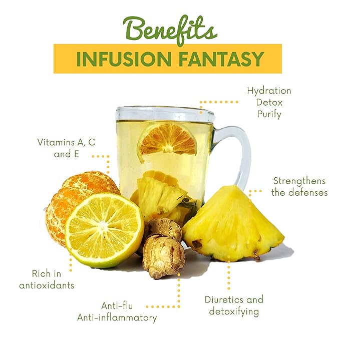 Alibú Dried Fruit Tea Infusions - Fantasia - Pineapple, Lemon, Ginger, Tangerine - Dried Fruit Drink – Vegan, Gluten Free, 100% Natural, Caffeine Free - Box of 2.12 oz (Fantasia)