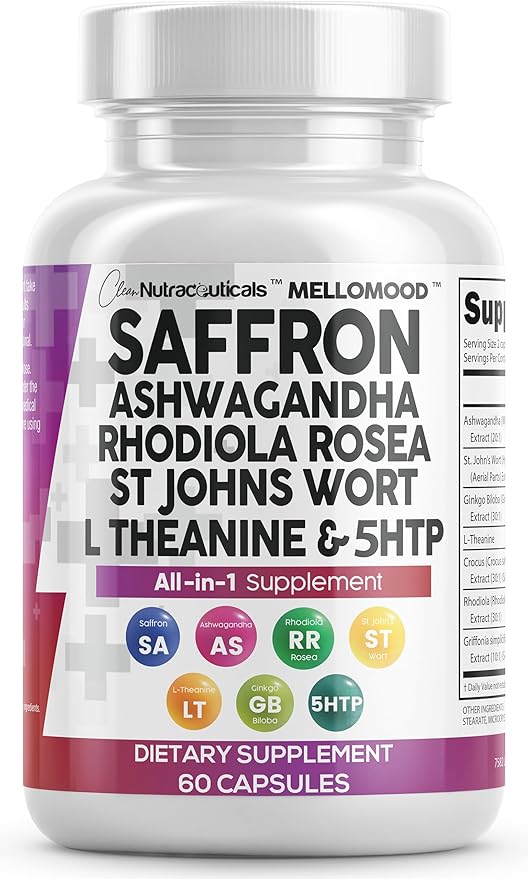 Clean Nutraceuticals Saffron Supplements Extract 100mg + Ashwagandha L-Theanine 200mg - Mood Support Ginkgo Biloba, St. John's Wort, Rhodiola Rosea & 5-HTP Capsules Pills Men Women