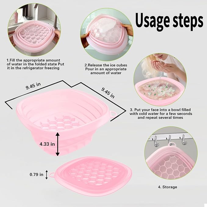 Face Bowl for Ice with Built-in IceTray,Collapsible Silicone Face Ice Bowl – Cold Plunge Therapy for Skin Tightening & Facial Treatment– Portable Spa Tool for Home & Travel（Pink) ﻿