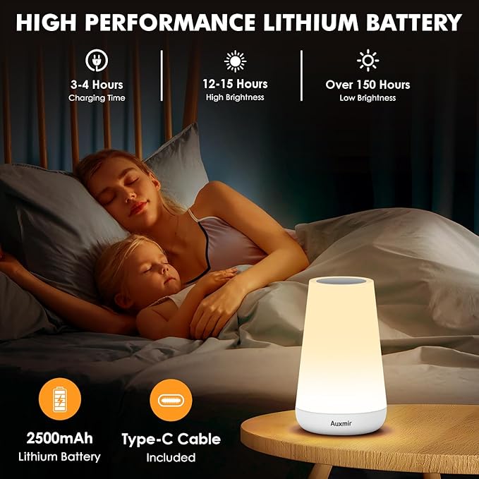 Auxmir Night Light, Dimmable Touch Lamp for Bedroom, Portable Rechargeable Bedside Table Lamp for Baby Nursery, 13 RGB Colors & 5 Brightness, Night Lights for Bedroom Living Room Bathroom Hallways