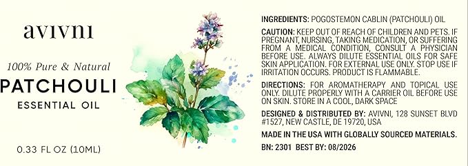 Avivni Patchouli Essential Oil - 100% Pure & Natural, Undiluted for Aromatherapy, Skin, Hair, Diffuser (0.33oz - 10ml)…