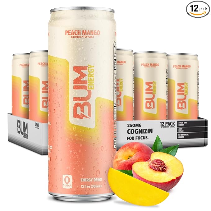 BUM Sugar-Free Energy Drink, Peach Mango - Lightly Carbonated & No Artificial Colors, Natural Caffeine & Citicoline for Energy & Focus, Brain Boost & Workout Sports Beverage - 12 oz, Pack of 12