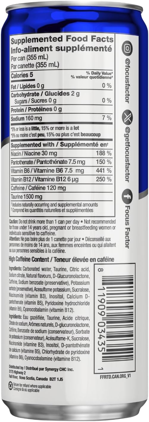 Focus Factor Energy Drink - 12 x 355ml Cans (Orange Flavour) - with Focus + Energy - Lightly Carbonated, Sugar Free, Low Calorie with Vitamin B6 & Vitamin B12