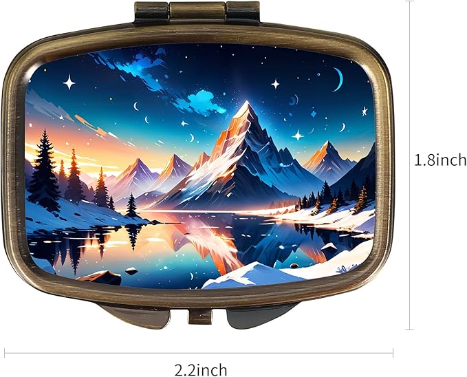 Dynippy Pill Case Pill Box with Mirror Retro Pocket 2 Compartment Medicine Case Vitamin Pill Organizer for Pocket Purse and Travel (Retro- Snowy Mountain Reflections)