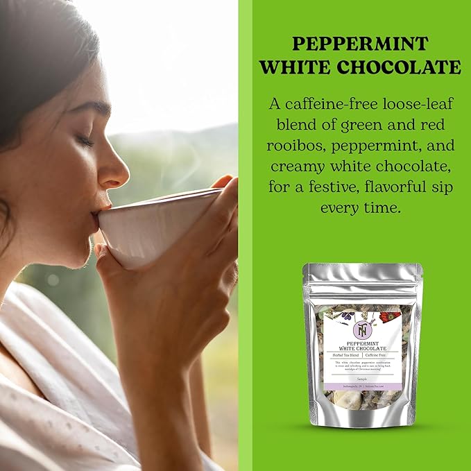 Nelson's Tea - Peppermint White Chocolate - Caffeine Free - Loose Leaf Tea with Green & Red Rooibos - White Chocolate Peppermint Tea (Sample 0.4 Oz)