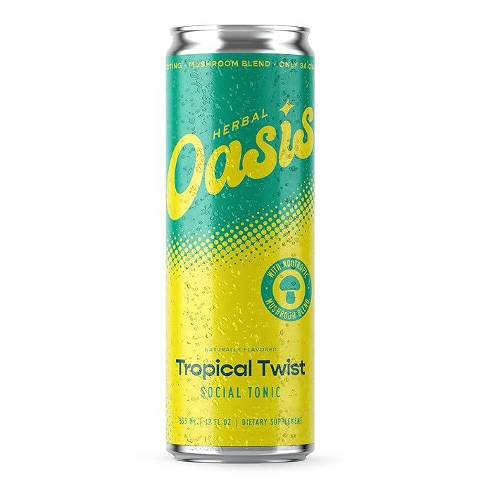 Herbal Oasis Tropical Twist 4-Pack - Mood-Boosting Mushroom Social Tonic, with Lion’s Mane, L-Theanine & Vitamin B12 - Low Calorie Vegan Drink, Non-Alcoholic for Mindfulness & Balance, 12 fl oz