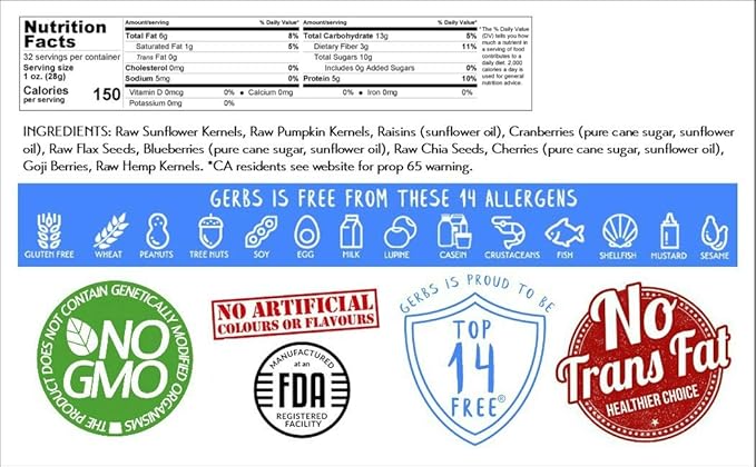 GERBS Superfood Snack Mix 2 LBS. | Top 14 Food Allergy Free | Bulk Bag | Made USA | Raw Pumpkin Sunflower Chia Hemp Brown Flax Seeds Dried Blueberries Cherries Cranberries Raisins Goji Berry Trail Mix