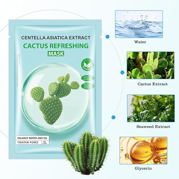 Cactus Facial Mask for Women,Hydrating Face Mask Sheet Home SPA,Moisturizing Face Sheet Mask for Dry,Oily,Sensitive Skin 30ml（5Pack）