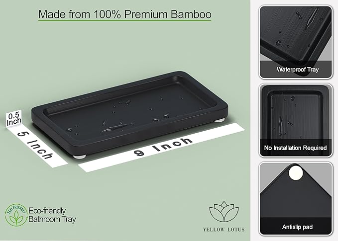 Black Bathroom Tray - Small Black Bamboo Wood Tray Decor for Vanity, Coffee Table, Cologne and Perfume Tray, Matte Black Bathroom Decor for Counter, Soap Dish, 9 inch
