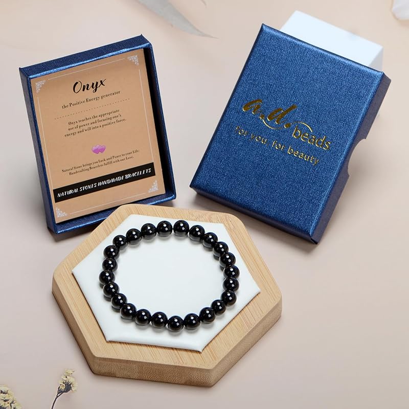 AD Beads Handmade Gemstone Stretch Elastic Bracelet Crystal Healing Reiki Nature's Beauty and Spiritual Essence Unisex (8mm, Black Onyx)