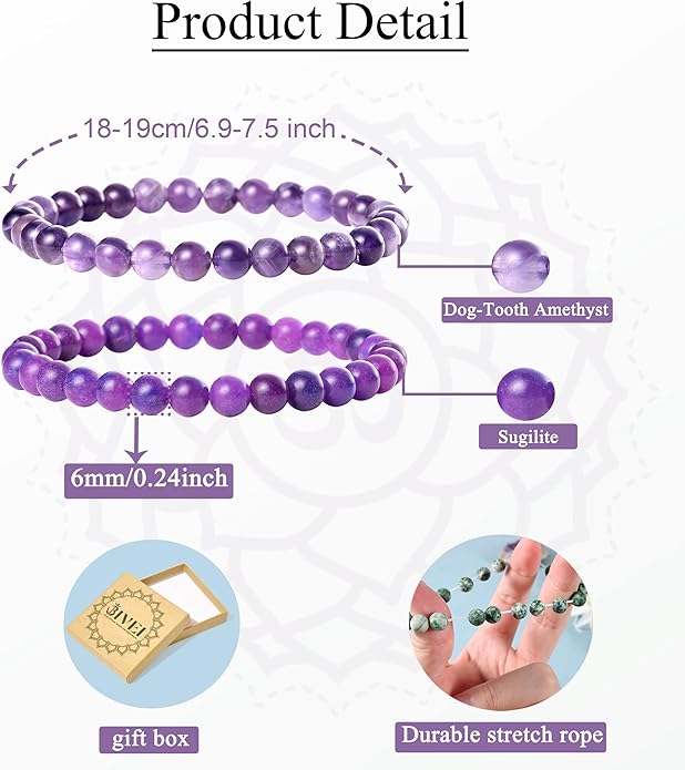 Bivei Natural Gemstone Semi Precious Healing Crystals Handmade Stretchy Round Beads Bracelet, Enhance Positive Energy