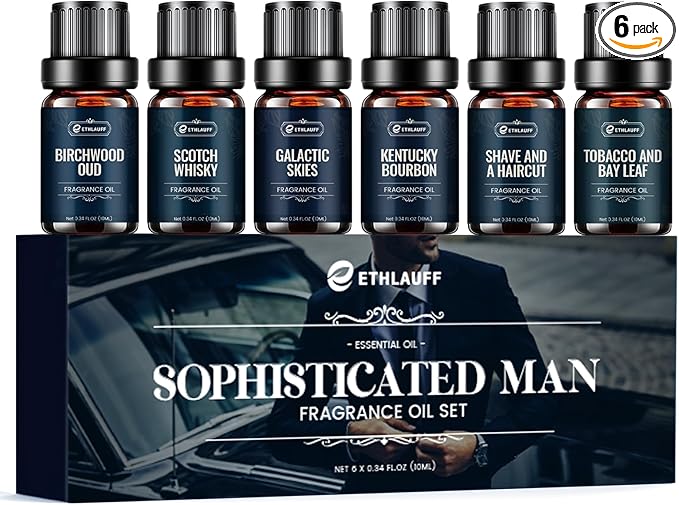 Men Essential Oils Set - TOP 6 Gentlemen's Fragrance Oil for Diffuser, Candle & Soap Making - Tobacco and Bay Leaf, Kentucky Bourbon, Galactic Skies, Scotch Whisky, Birchwood Oud