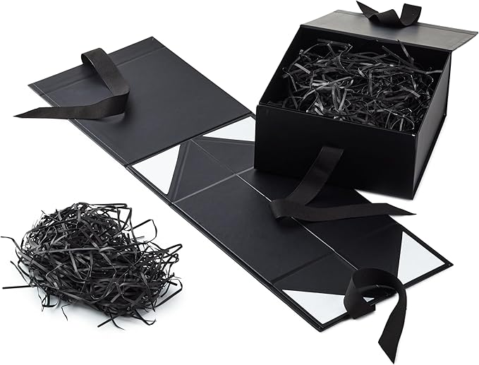 Hallmark Medium Gift Boxes with Bow and Shredded Paper Fill, Pack of 2 (Black 8 inch Box) for Weddings, Graduations, Birthdays, Father's Day, Groomsmen Gifts, All Occasion