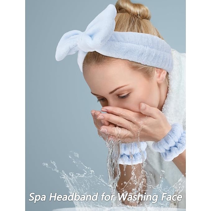 VELSCRUN 6 Pack Spa Headband, Makeup Headband, Face Wash Headbands, Skincare Headbands, Blue Sponge Hair Band Bow Tie Spa Head Band for Washing Face Wristband Set Hair Accessories for Women Gifts