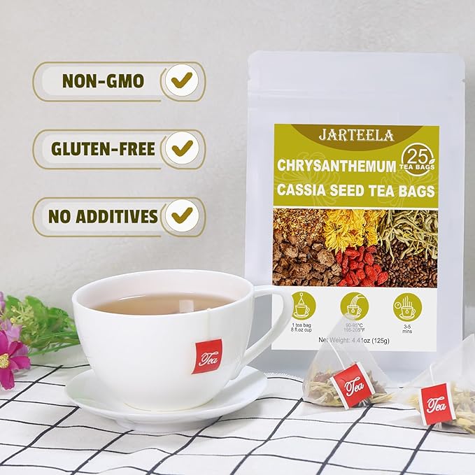 Jarteela - Chrysanthemum Cassia Seed Tea Bags - 5g x 25 Count - Chrysanthemum Blend Herbal Tea with Goji Berry, Burdock Root, Honeysuckle, Osmanthus - Support Overall Health