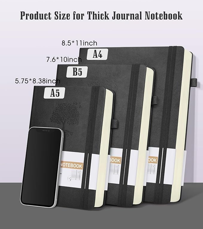 Lined Journal Notebook, 365 Pages B5 Large Journals for Writing Ruled Notebook, Hardcover Leather Journal for Women Men, Daily Notebook for Work, Note Taking, 100Gsm Thick Paper ( 7.6'' X 10'' Black)