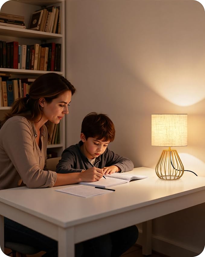 Bedside Table Lamp, 12.6'' Small Table Lamp with Beige Linen Lampshade & Gold Teardrop Cage, Modern Small Little Cute Desk Lamp for Bedroom, Living Room, 2700K LED Bulb Included DE06TL05