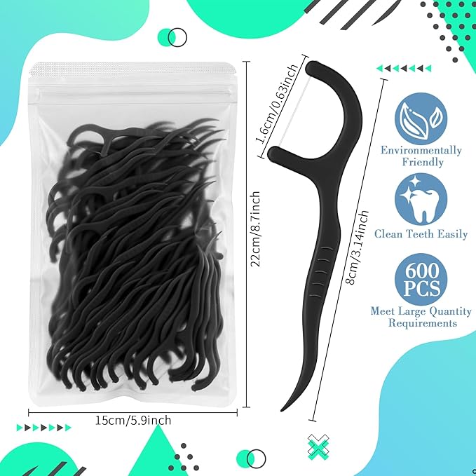 Baderke 600 Count Floss Picks Bulk Dental Flossers Picks for Adults Non Breakable Tooth Picks Flossers Teeth Cleaning Dental for Family Pack Travel(Black)