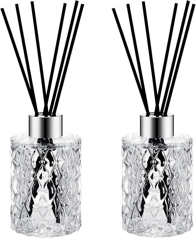 Norme 2 Set Empty Reed Diffuser Bottle Set with Stick, 150ml Refillable Patterned Glass Vase with Black Rattan Reed & Cap for DIY Essential Oil, Home Fragrance, Bulk (Silver)