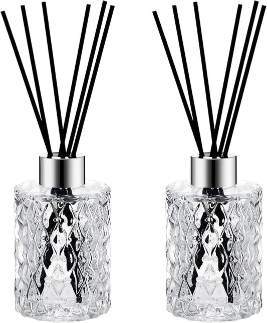 Norme 2 Set Empty Reed Diffuser Bottle Set with Stick, 150ml Refillable Patterned Glass Vase with Black Rattan Reed & Cap for DIY Essential Oil, Home Fragrance, Bulk (Silver)