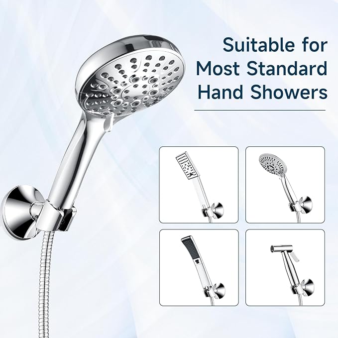 BRIGHT SHOWERS Handheld Shower Head Holder with Dual Angle Positions, Wall Suction Bracket Includes Adhesive 3M Disc, No Tools Required and Easy Installation, Chrome Finish