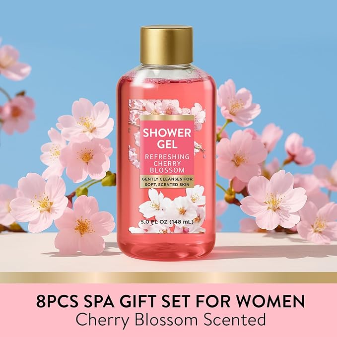 Refreshing Cherry Blossom Spa Gifts for Women, 8 Piece Gift Set with Bubble Bath, Bath Gift Baskets for Her, Relaxing Care Package with Body Scrub, Lotion, Hand Cream, Soap