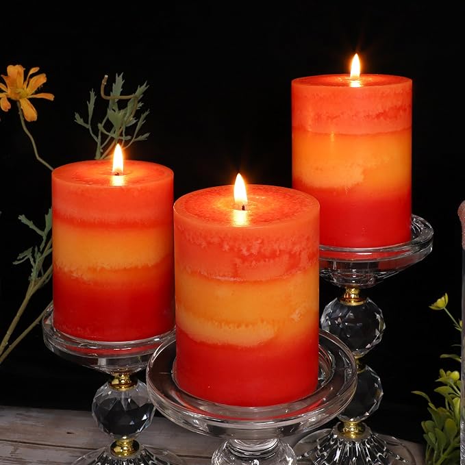 3x4 Inch Pillar Candles 3 Pack Rustic Orange Handmade Layered Clean Burning Pumpkin Spice Scented Candles Fall Harvest Aesthetic Halloween Decorative for Home Dinner Table Decor