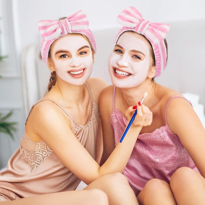 25 Pcs Spa Headband Bulk Makeup Headbands for Washing Face Cute Bow Hairbands Soft Coral Fleece Hairbands for Women Face Skin Care Makeup Spa Gift Shower Yoga (Stripe Pattern,Pink)