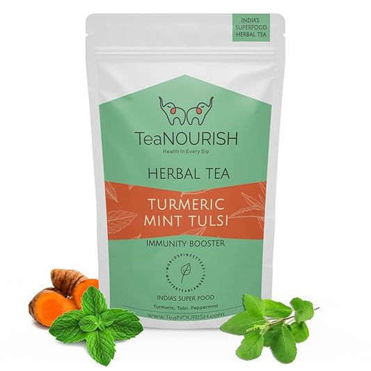 TeaNOURISH Turmeric Mint Tulsi Herbal Tea | Indian Superfoods | Blend of Turmeric, Tulsi & Peppermint | Immune Support | 100% NATURAL INGREDIENTS - 3.53oz/100g