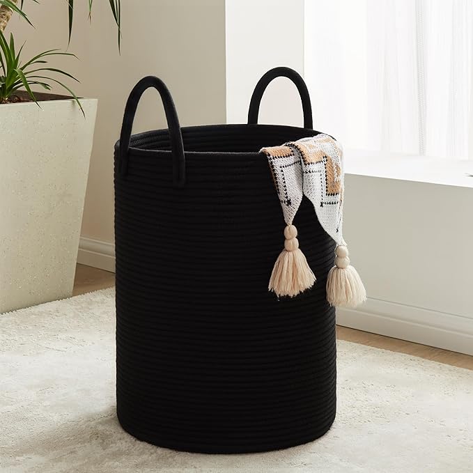 Cotton Rope Laundry Hamper by YOUDENOVA, 58L - Woven Collapsible Laundry Basket - Clothes Storage Basket for Blankets, Laundry Room Organizing, Bedroom Storage, Clothes Hamper – Black