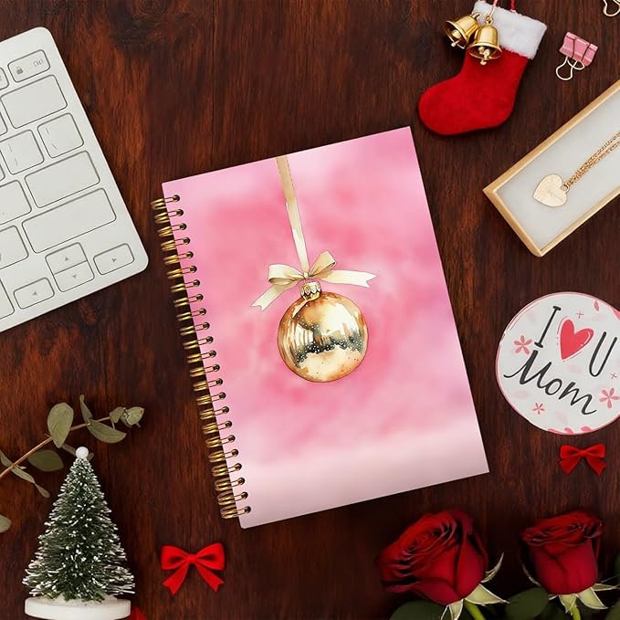 Exqcom Pink and Gold Christmas Ball Spiral Notebook Gifts, Vintage Xmas Ball Holiday Journal for Women, Pink Hardcover Notebook Journal Office School Supplies, 5.5x8.3 Inch