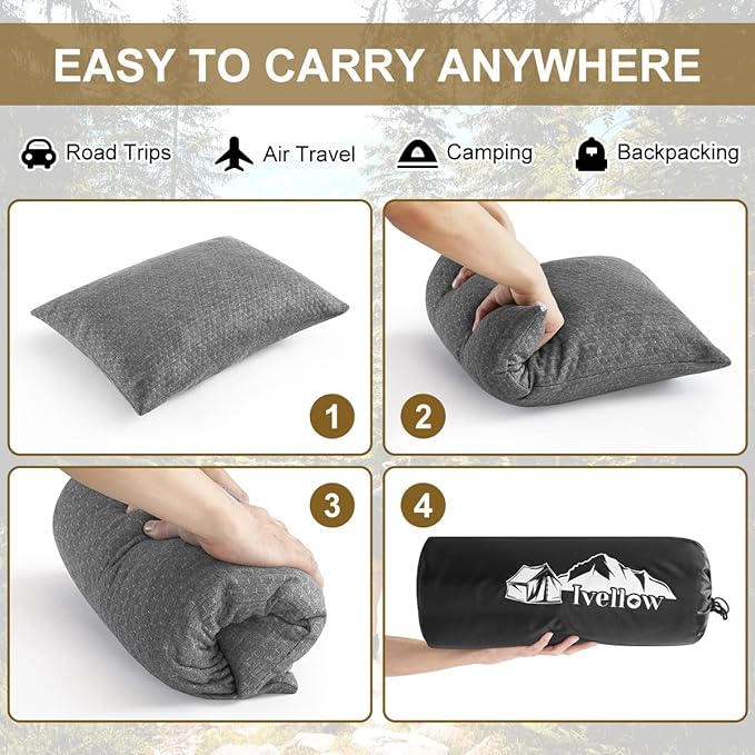 Ivellow Travel Pillow Compressible Camping Pillow for Sleeping Shredded Memory Foam Pillow Compact Firm Supportive for Adults Kids Outdoor Backpacking Hiking Essential Gear