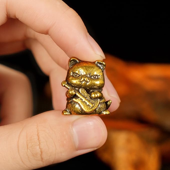 Fierce Rocker Cat Brass Statue - 100% Solid Handcast Guitar Player Sculpture, Vintage Music Lover Gift for Desk, Unique Collectible Animal Art, Handmade Heavy Metal Decor for Musicians & Cat Lovers