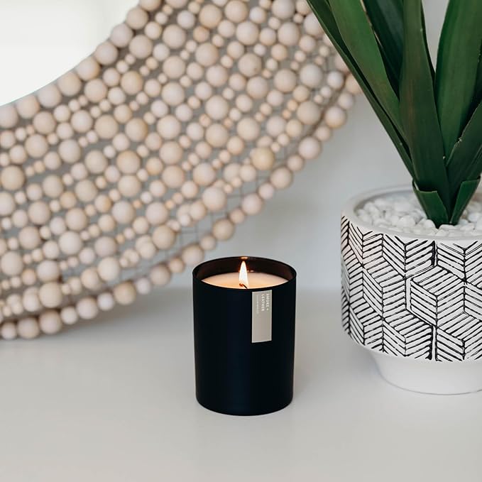 Calyan Wax Co. Soy Wax Candle, Smoke + Leather Scented Candle, 75 Hour Burn Time, Aromatherapy Soy Candles, Non Toxic & Vegan Soy Wax, Black Tumbler Scented Candles, 10.2oz